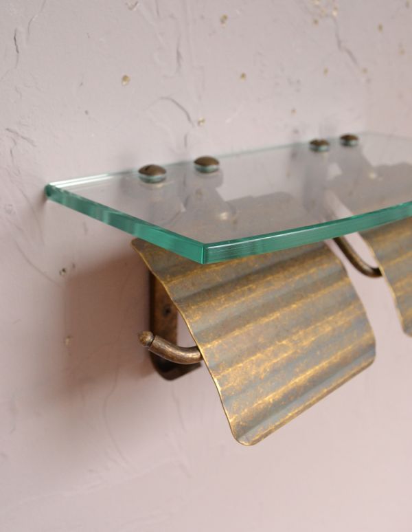 洗面・トイレ 住宅用パーツ 真鍮ペーパーホルダーダブル(アンティーク色)フック&ガラス棚付き。ダブルホルダーは、お家でも、飲食店でも人気のタイプです。(sa-232)