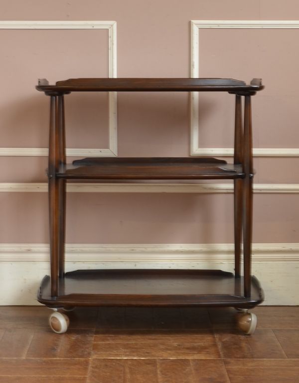 アーコールの家具 アンティーク家具 アーコールのヴィンテージ家具、キャスター付きキッチンワゴン(トローリー) 。ワゴンと言えば、やっぱりポットやジャー置き場。(x-736-f)