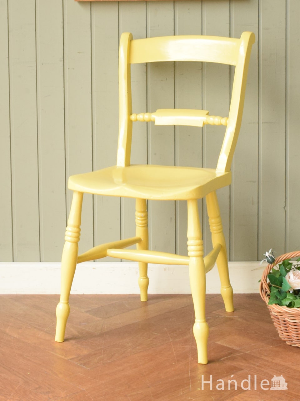 おしゃれなアンティークの椅子、黄色にペイントされたアンティークのキッチンチェア (d-962-c)