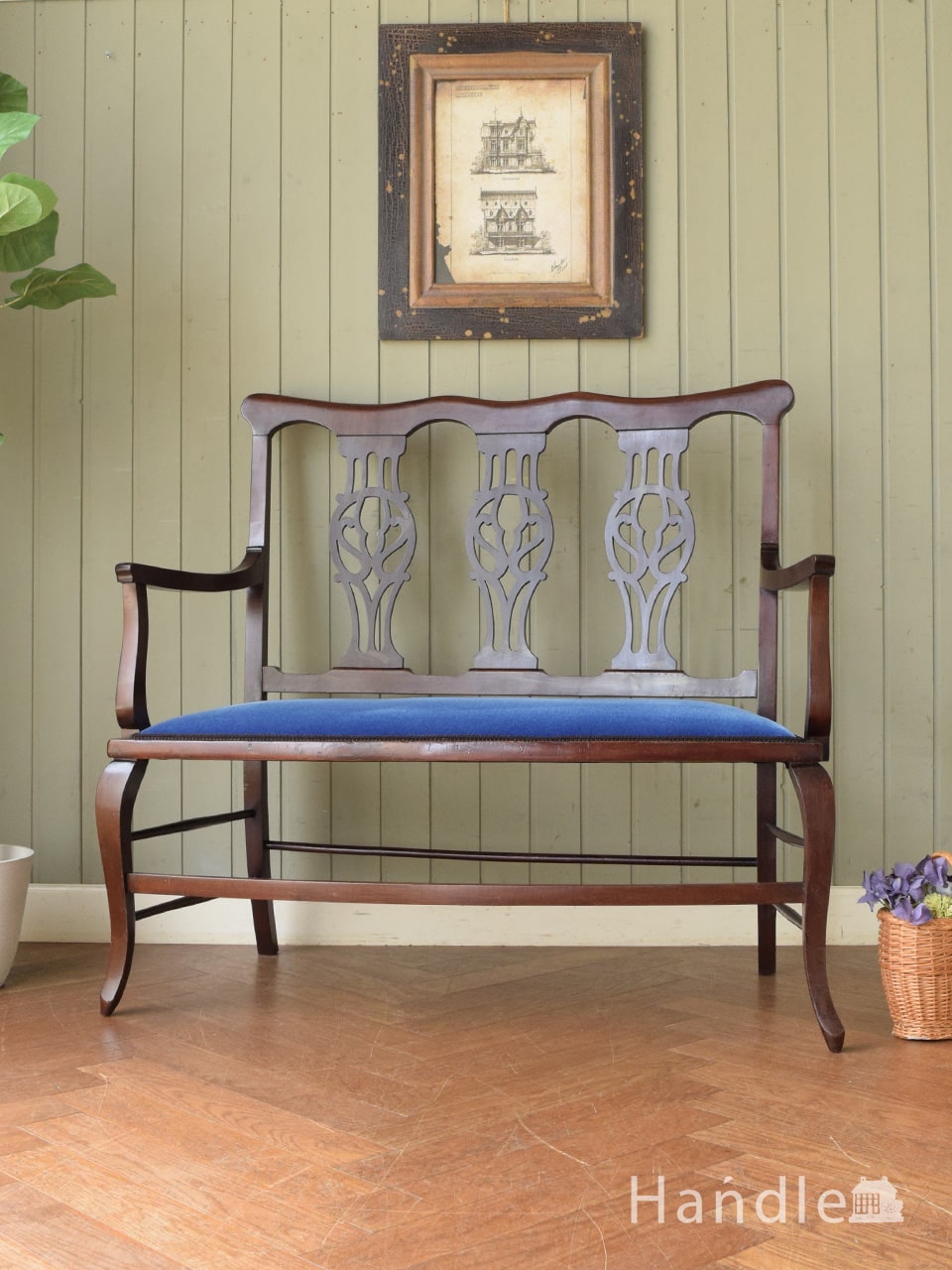 英国アンティークのおしゃれなベンチ、マホガニー材の美しい高級感のあるセティ (q-504-c)