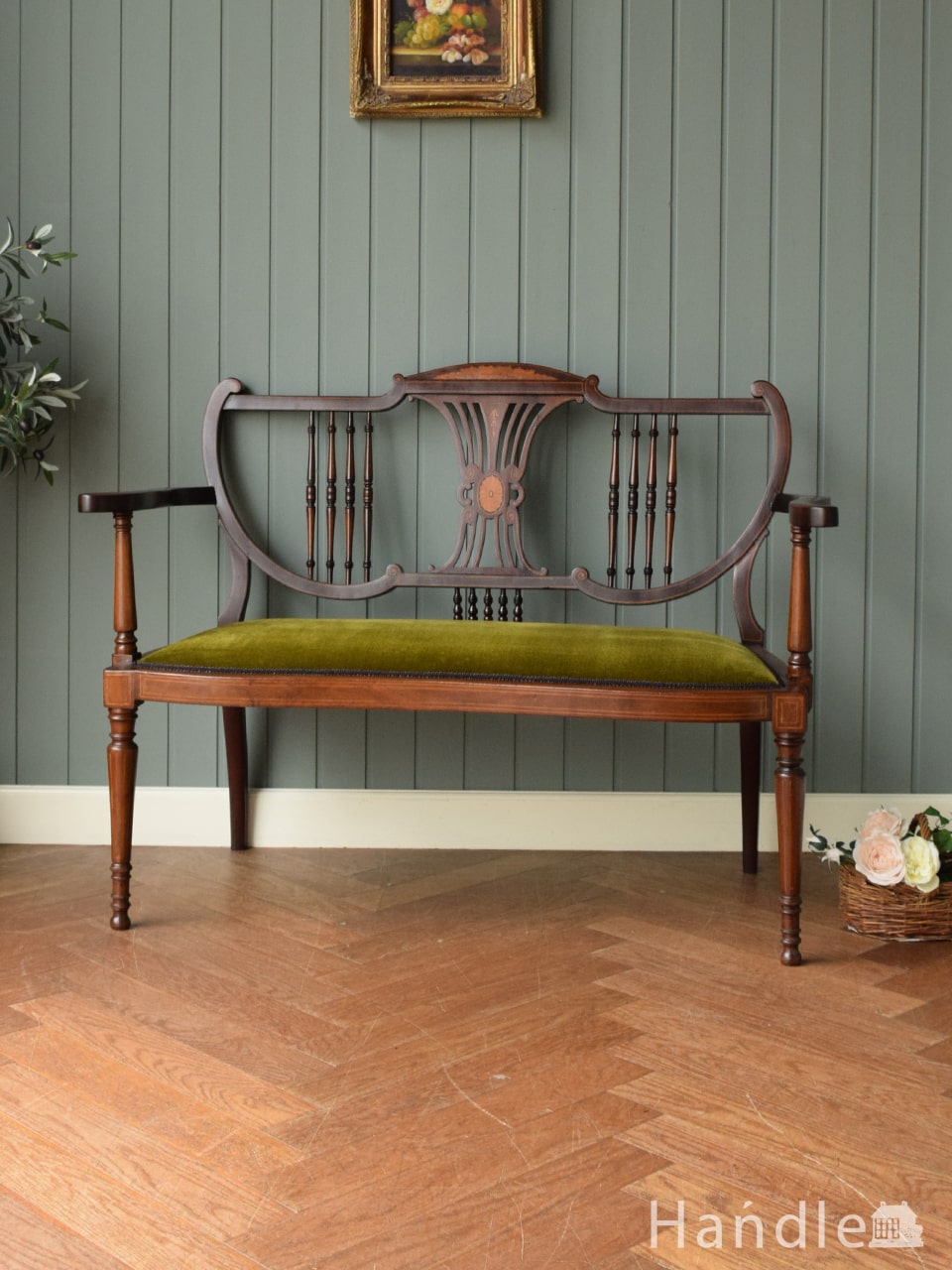 英国アンティークの長椅子、透かし彫りと象嵌が美しい芸術的なセティ (q-515-c)