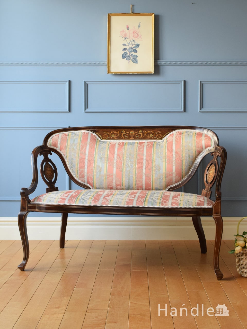イギリスから届いたアンティークの長椅子、象嵌細工が美しいおしゃれなセティ (k-1851-c)