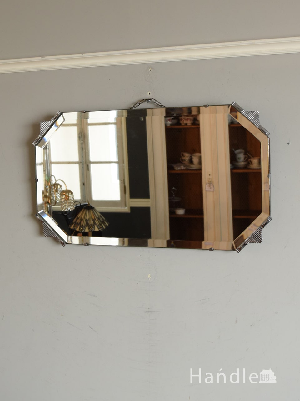 アンティークのおしゃれな壁掛け鏡、イギリスから届いたアールデコの装飾が付いたカッティングミラー (k-5205-z)
