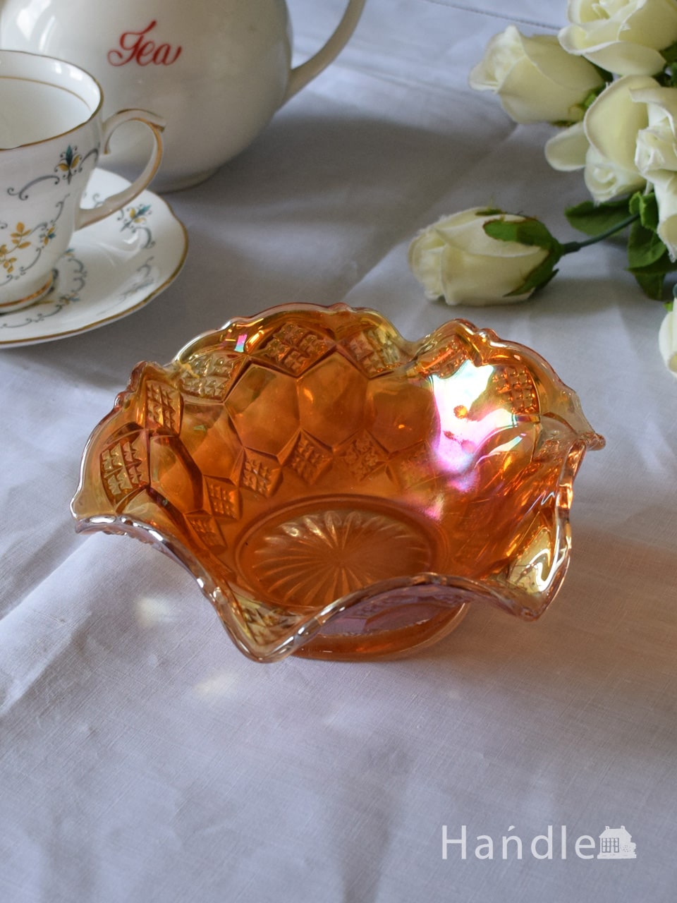 英国アンティークカーニバルガラスのおしゃれな器、幻想的なオレンジ色のコンポートプレート (pg-7634)