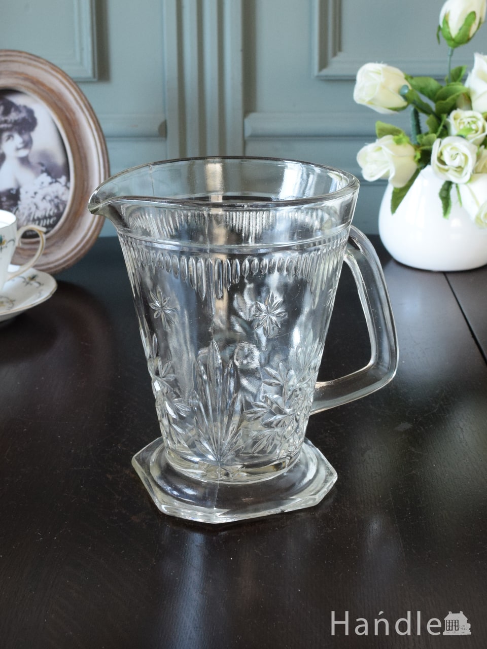 アンティークガラスの食器、プレスドグラスのウォータージャグ（ピッチャー） (pg-7855)