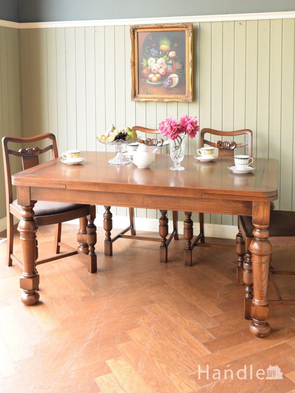 英国アンティーク調のテーブル、オーク材のおしゃれな伸張式のドローリーフテーブル (y-467-f)