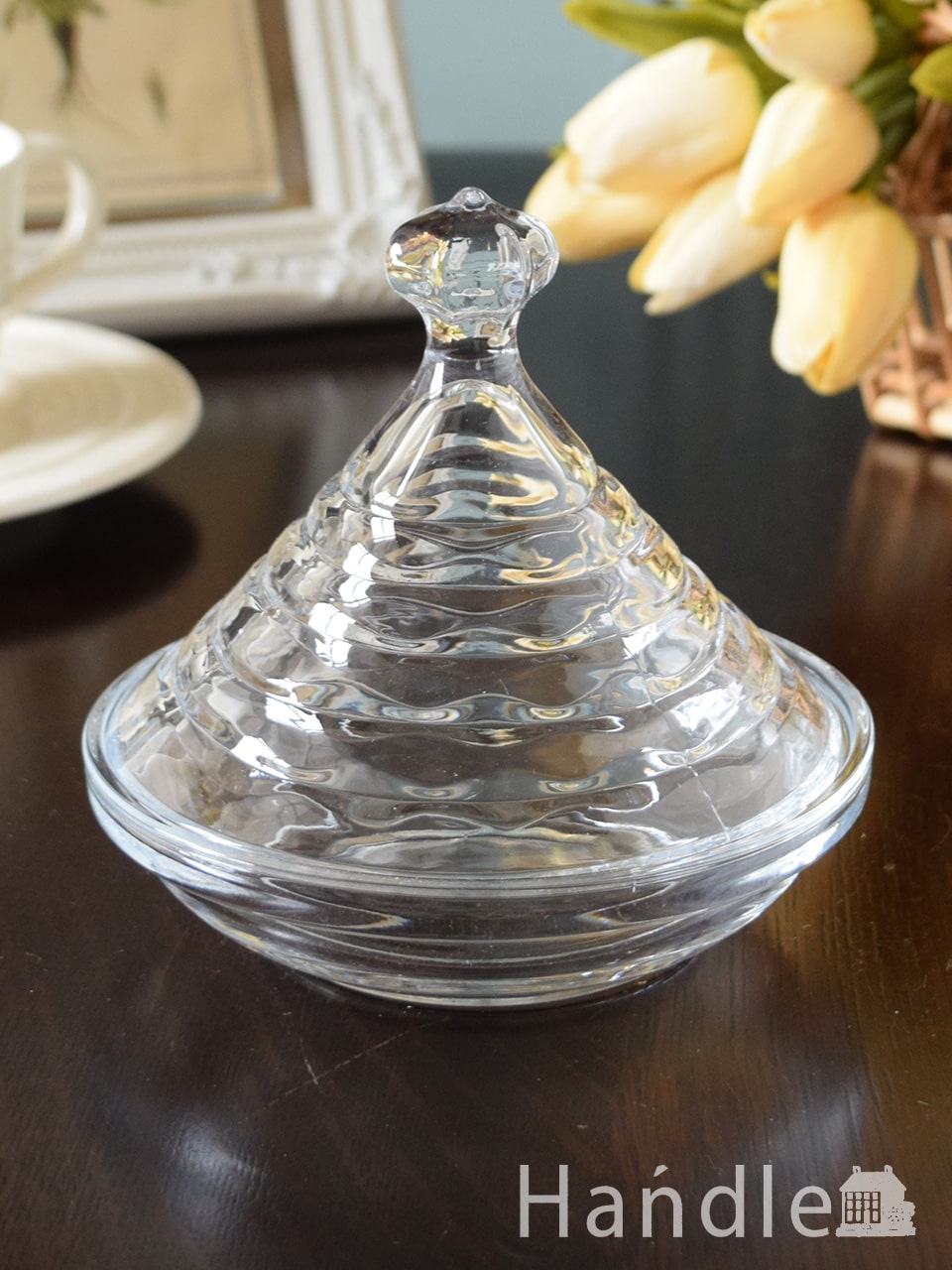 アンティーク風のおしゃれなガラス食器、可愛い蓋つきのガラスケース (n2-076)