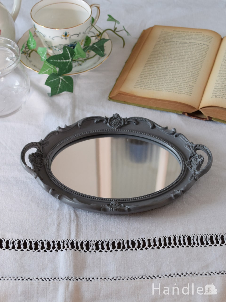 アンティーク風のおしゃれな鏡、いろんな使い方を楽しめるミラートレイ（オーバル ・Earlgrey） (n8-120)