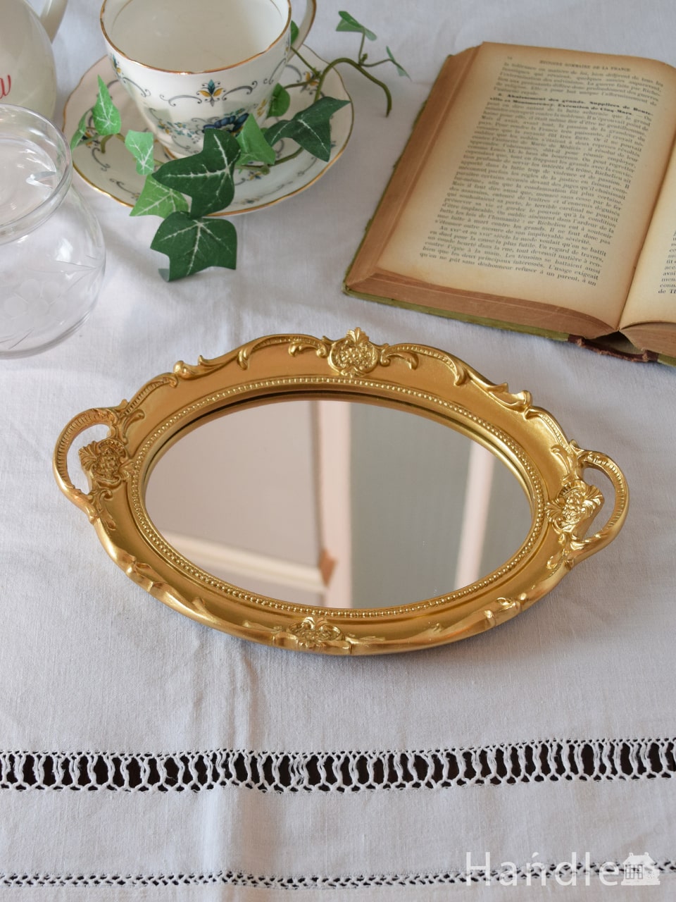 アンティーク風のおしゃれな鏡、いろんな使い方を楽しめるミラートレイ（オーバル ・Gold） (n8-122)