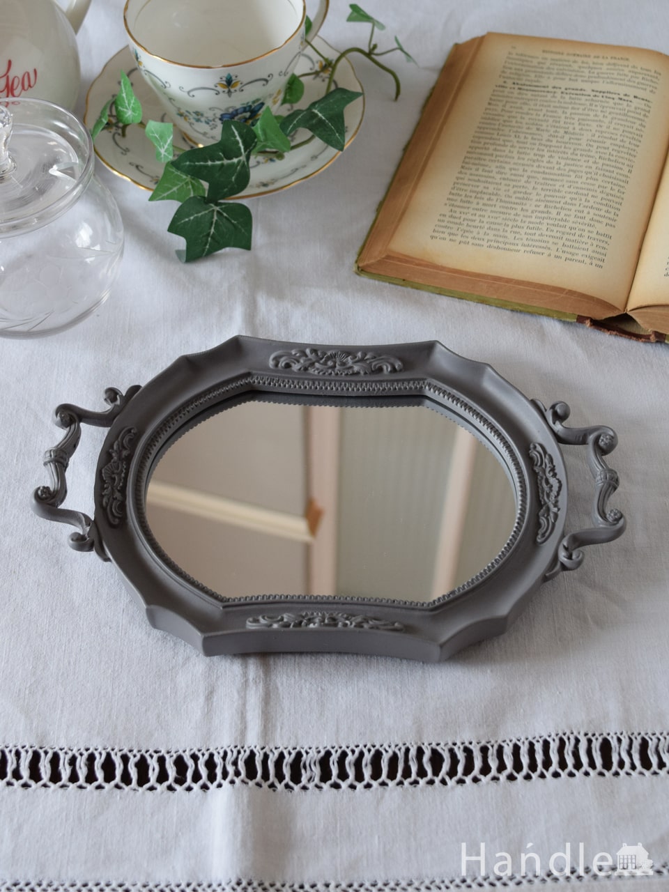 アンティーク風のおしゃれな鏡、いろんな使い方を楽しめるミラートレイ（アーチ・Earlgrey） (n8-123)