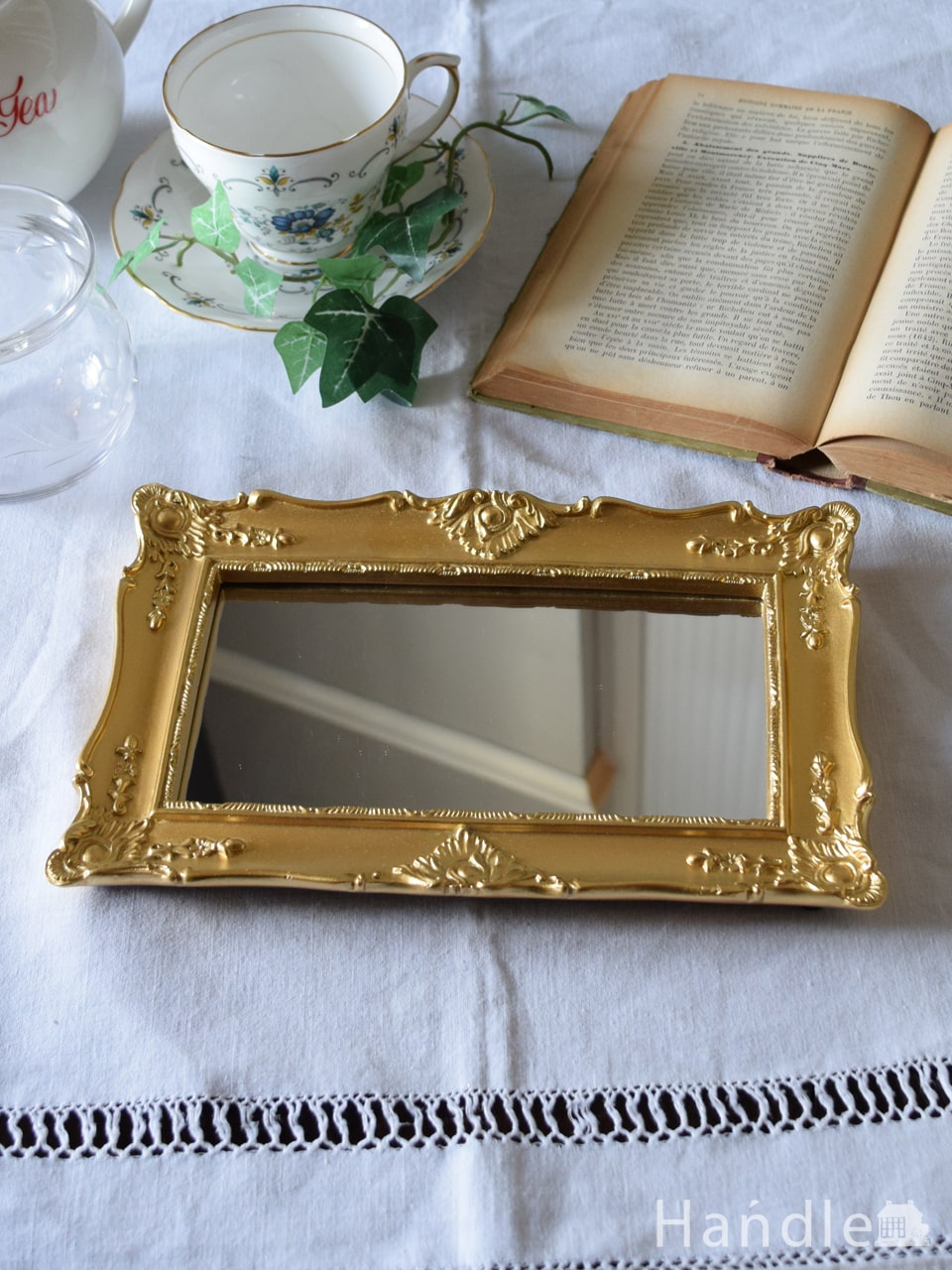 アンティーク風のおしゃれな鏡、いろんな使い方を楽しめるミラートレイ（Gold） (n8-127)