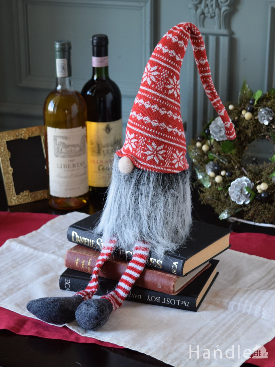 北欧のクリスマス雑貨、赤い帽子を被った妖精トムテの人形（ノルディック模様・Lサイズ） (cm-248)
