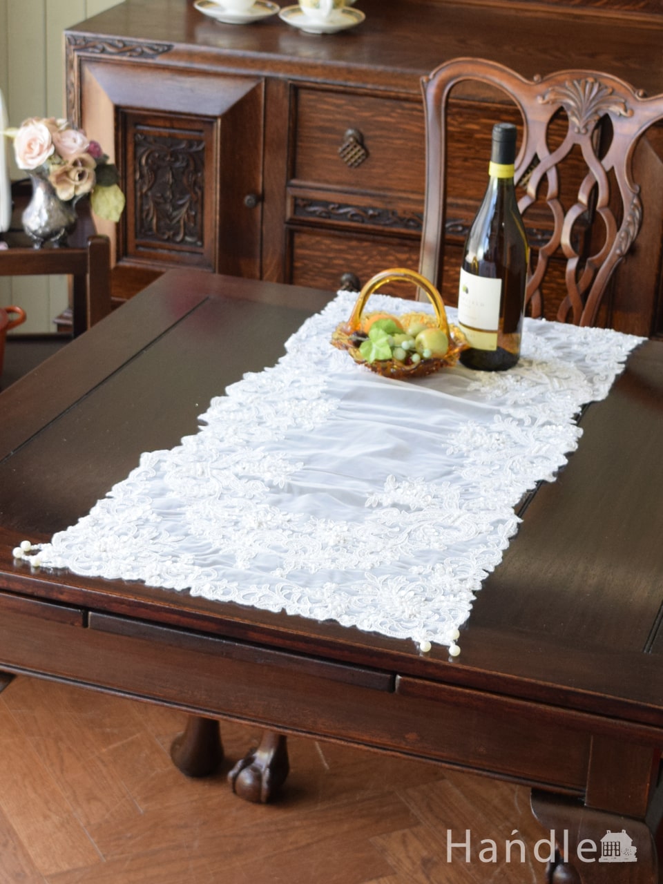 お花の刺繍×ビーズが上品なテーブルセンター、フレンチアンティーク調のレース100×40 (n20-100)