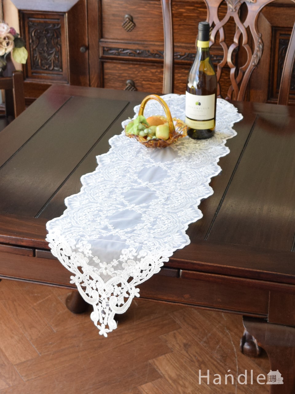 フレンチアンティーク調のテーブルランナー、華やかなお花の刺繍のレース120×30（ホワイト） (n20-109)