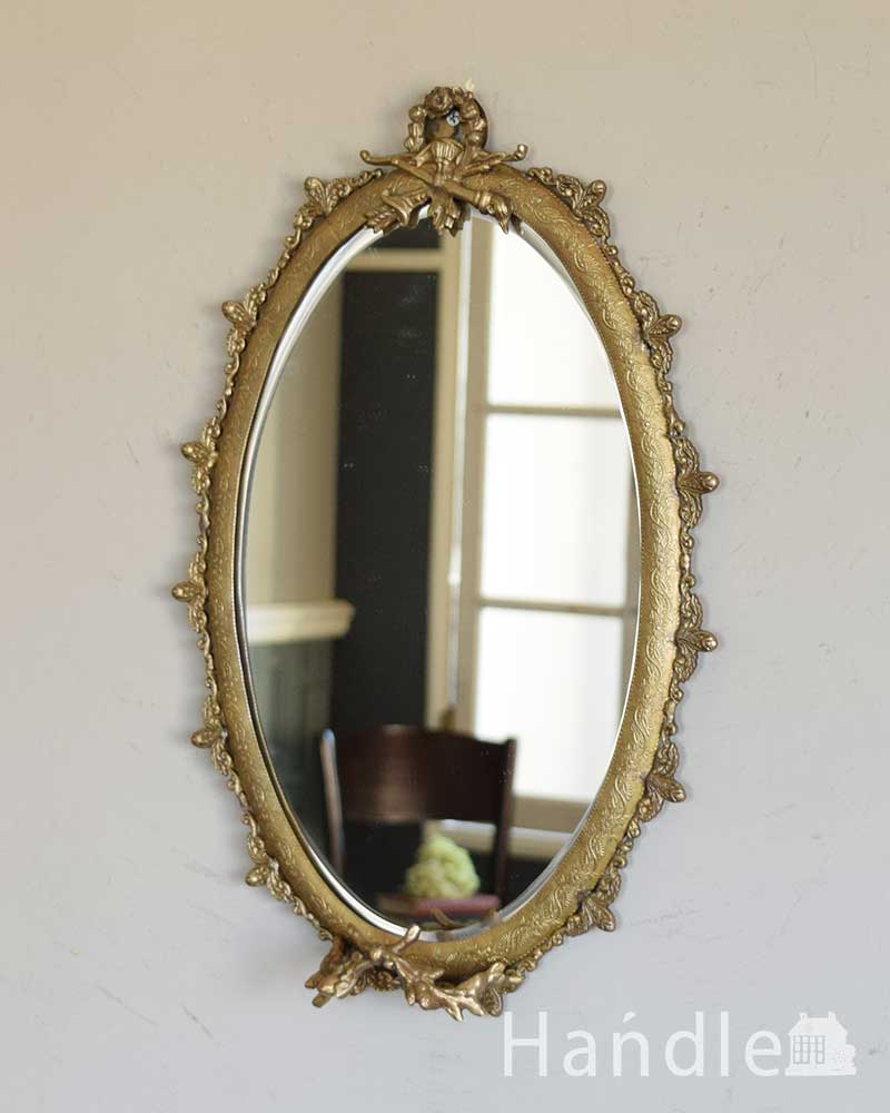 アンティーク調のおしゃれな鏡、華やかな装飾が美しいウォールミラー(ゴールド) (n21-033)