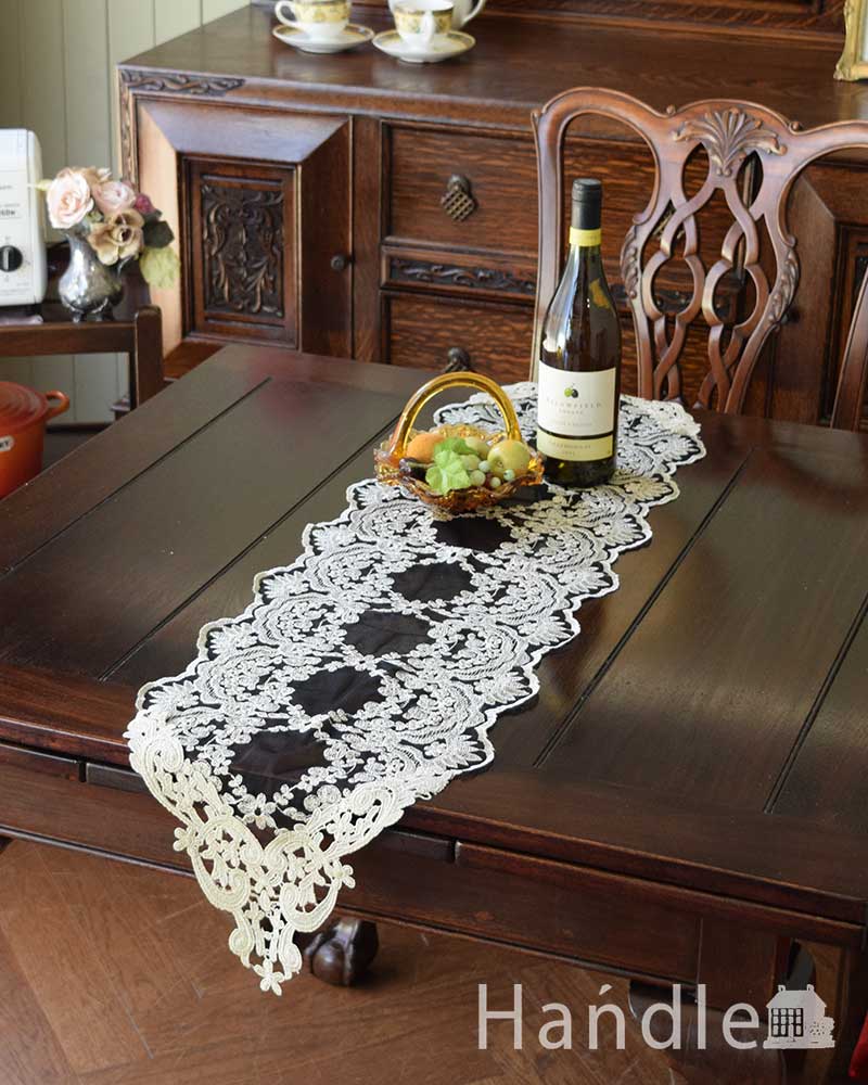 フレンチアンティーク調のテーブルランナー、華やかなお花の刺繍が美しいテーブルクロス30×90 (n20-108)