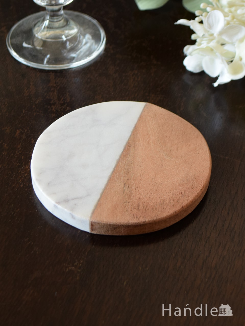 大理石×アカシア材のおしゃれなコースター、丸い形の可愛いコースター (n23-037)