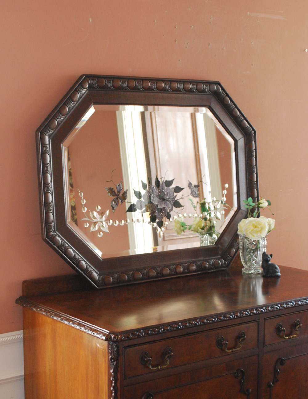 とっても美しいお花がデザインされた英国カッティングミラー、木製のモールディング鏡 (j-1703-f)