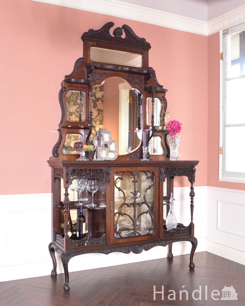 1880年代の英国アンティーク家具、マホガニー材を使った豪華なパーラーキャビネット (j-1866-f)