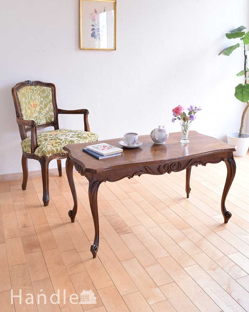 フランス輸入、２トーンカラーの市松模様が美しいアンティークコーヒーテーブル (j-1986-f)