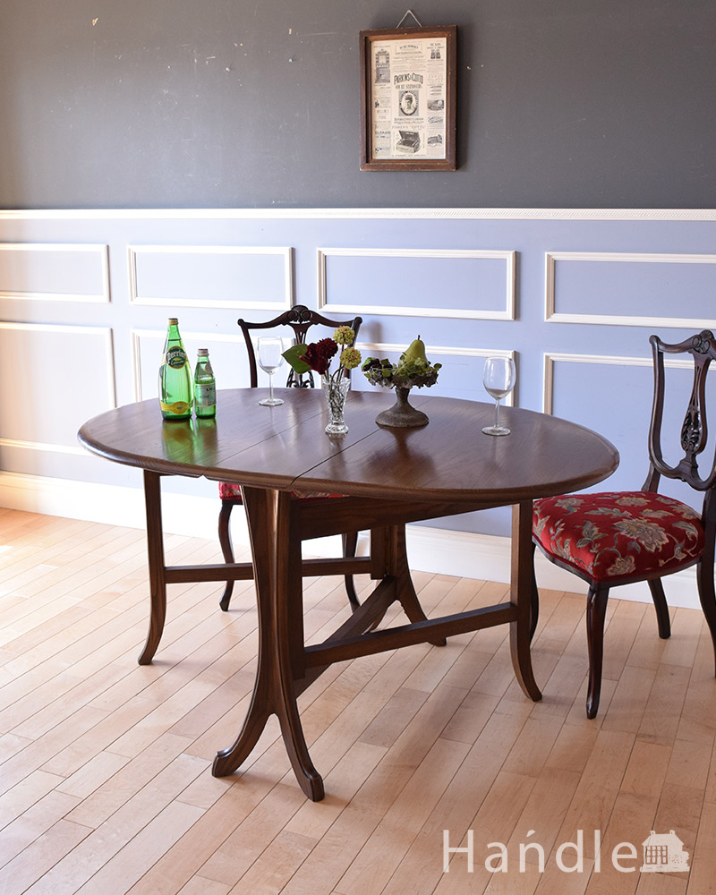 英国輸入のアンティーク家具、脚先の曲線まで美しいゲートレッグテーブル（伸張式テーブル） (k-1788-f)
