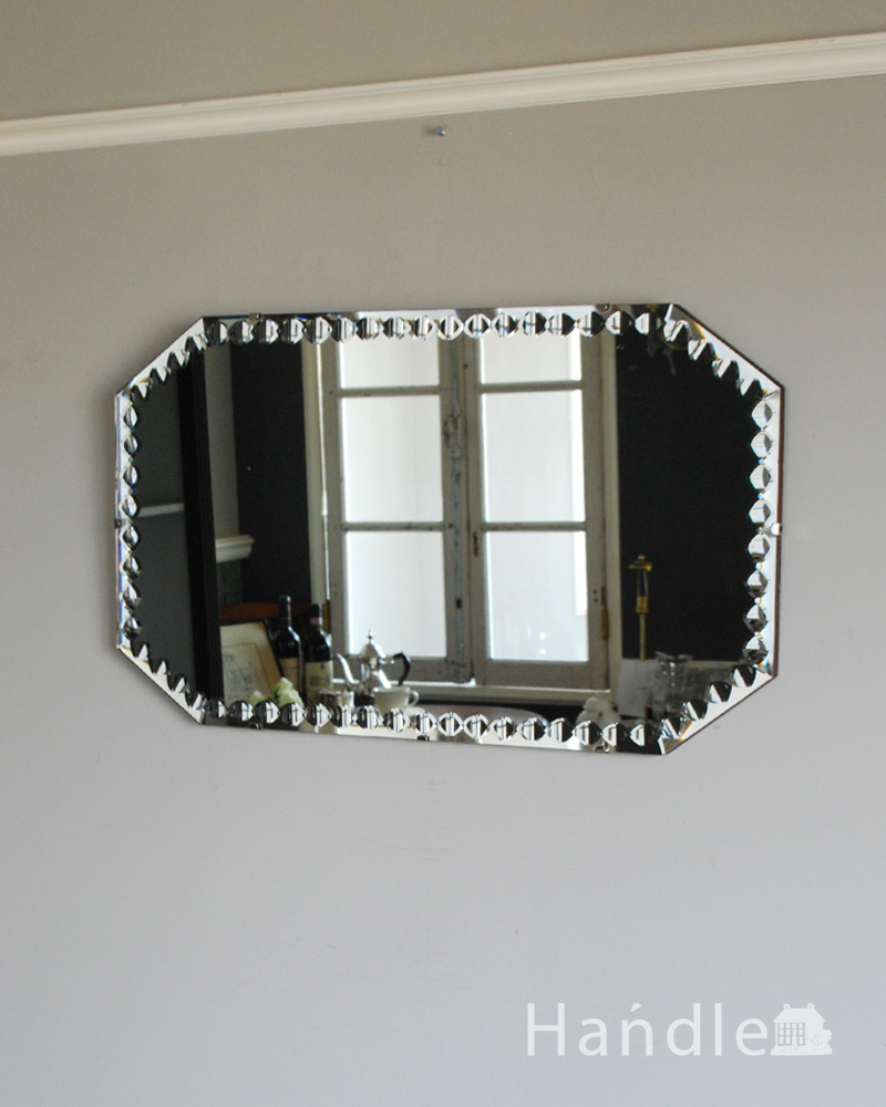 英国アンティークの壁掛け鏡、きらきら輝くレクタングルのカッティングミラー (k-1894-z)