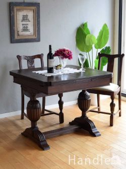 アンティーク家具 アンティークのテーブル 英国アンティークの伸長式ダイニングテーブル、バルボスレッグが美しいドローリーフテーブル
