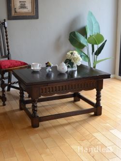 アンティーク家具  英国から届いたアンティークのドローリーフテーブル、コーヒーテーブルサイズの伸長式テーブル