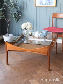 アンティーク家具 アンティークのテーブル 英国ビンテージのおしゃれなローテーブル、ガラス天板のコーヒーテーブル