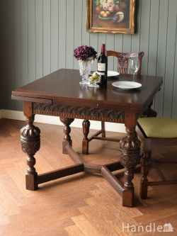 英国アンティークの伸長式ダイニングテーブル、バルボスレッグのドローリーフテーブル