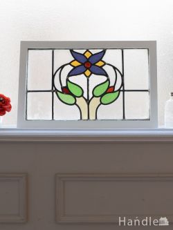 英国アンティークのステンドグラス、パープル色のガラスのお花のステンドグラス