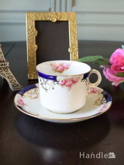 アンティーク雑貨 アンティーク食器 ロイヤルアルバートクラウンチャイナのカップ＆ソーサー、コバルトブルー×ミニ薔薇の食器