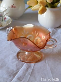 英国アンティークのガラス食器、幻想的なオレンジ色のアンティークガラスのコンポート（カーニバルグラス）