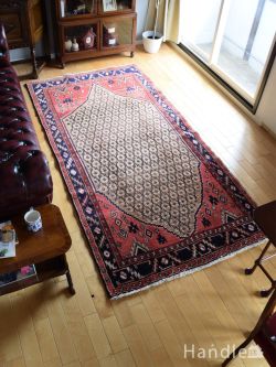 アンティーク雑貨 トライバルラグ・トルコ絨毯 ハマダン（Hamedan）のおしゃれなカーペット、お花の模様の手織りのペルシャ絨毯