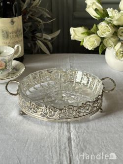 アンティーク雑貨 アンティーク食器 英国アンティークの美しいガラス器、シルバープレートの仕切り付きトレイ