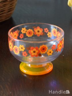 インテリア雑貨 ボウル食器 レトロな雰囲気がおしゃれなデザートカップ、お花の模様のプラスチックカップ（オレンジ） 