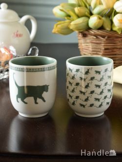 インテリア雑貨 紅茶カップ フランスのおしゃれな食器、コントワール・ドゥ・ファミーユの猫柄のタンブラーセット(SAGE-GREEN)