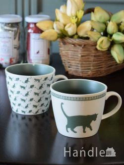 インテリア雑貨 紅茶カップ フランスのおしゃれな食器、コントワール・ドゥ・ファミーユの猫柄のティーカップセット(SAGE-GREEN)