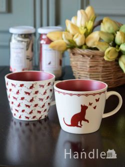 インテリア雑貨 紅茶カップ フランスのおしゃれな食器、コントワール・ドゥ・ファミーユの猫柄のティーカップセット（BURGUNDY）