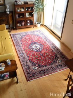 アンティーク雑貨 トライバルラグ・トルコ絨毯 アルダカン（Ardakan）のビンテージ絨毯、華やかなメダリオン模様のペルシャ絨毯