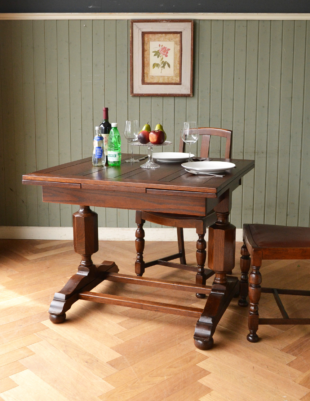 アンティーク英国家具、2本脚のドローリーフテーブル（伸張式テーブル） (m-542-f)
