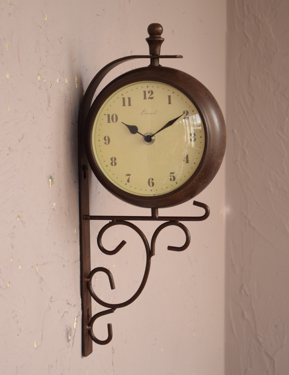 壁掛け両面時計、アンティーク風サイドクロック（ブラウン）(電池なし) (n12-201)