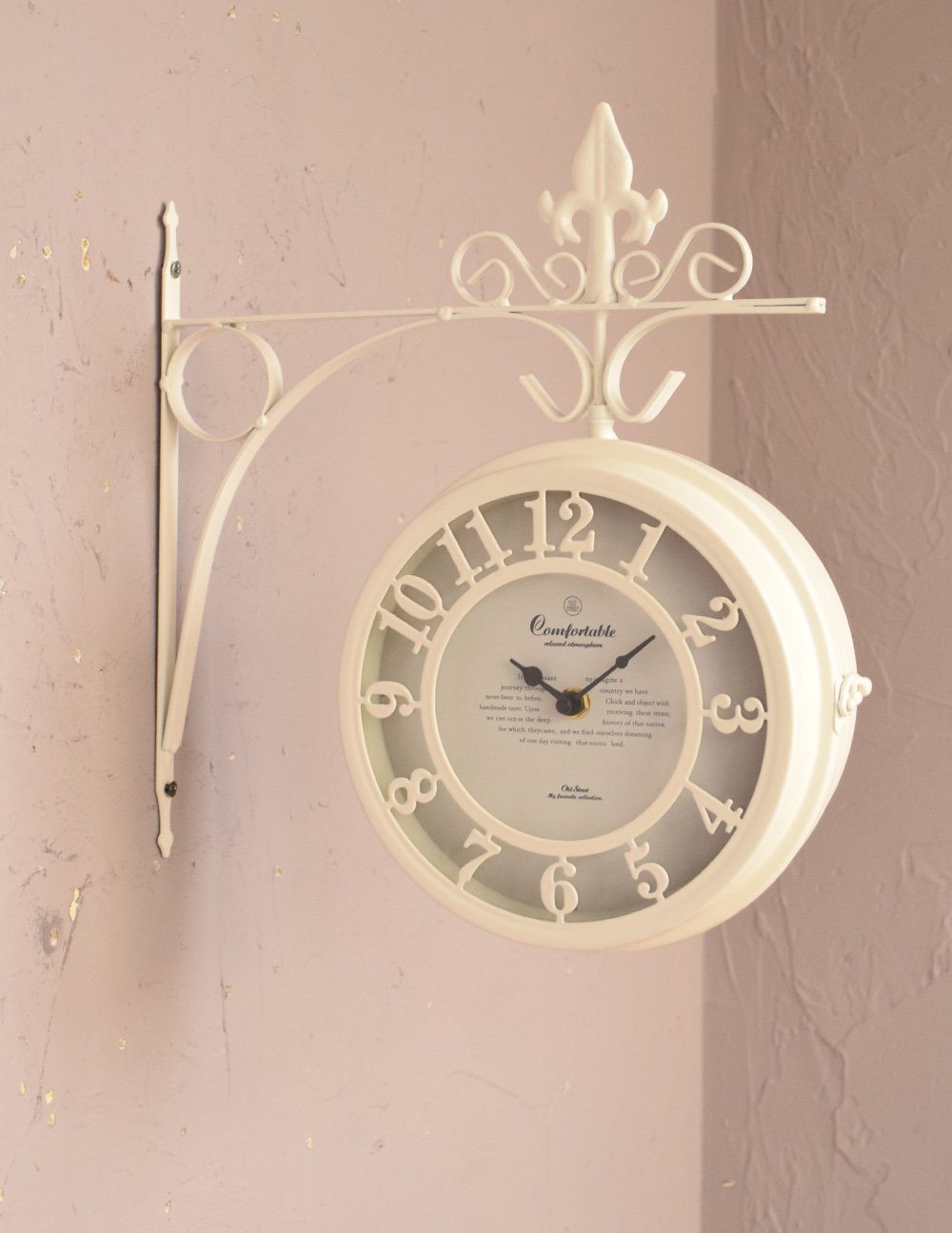壁掛け両面時計、クラシカルな雰囲気たっぷりのアンティーク風ウォールクロック （ホワイト）(電池なし) (n12-206)