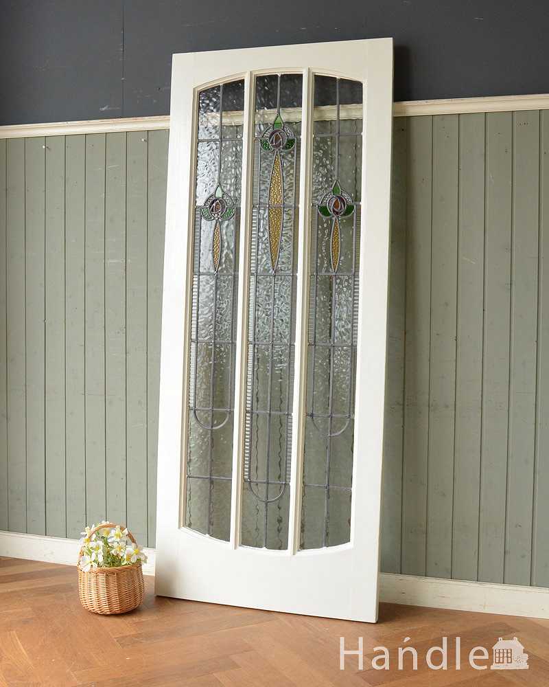 バラ柄のステンドグラスが可愛い英国アンティークのドア (k-1862-f)