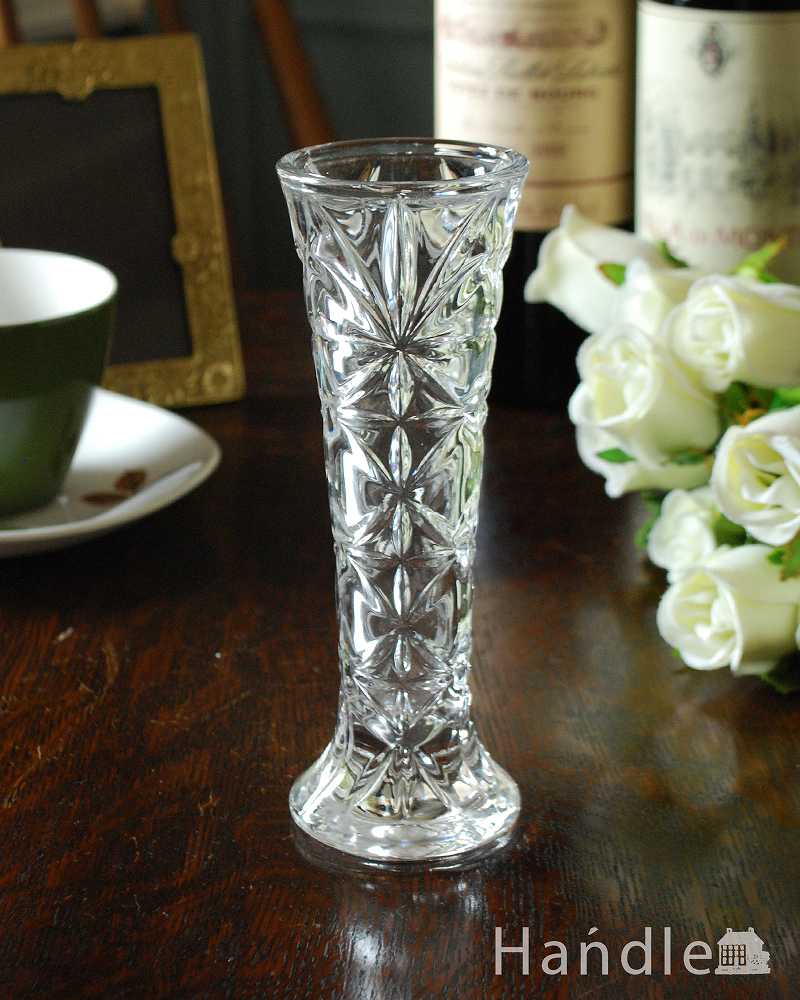 アンティークガラスの細長くてキレイなフラワーベース（花器）、プレスドグラス (pg-4593)