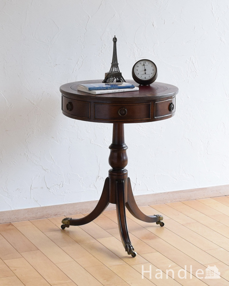 英国アンティークの家具、引き出し付きのテーブル（ドラムテーブル） (q-1023-f)