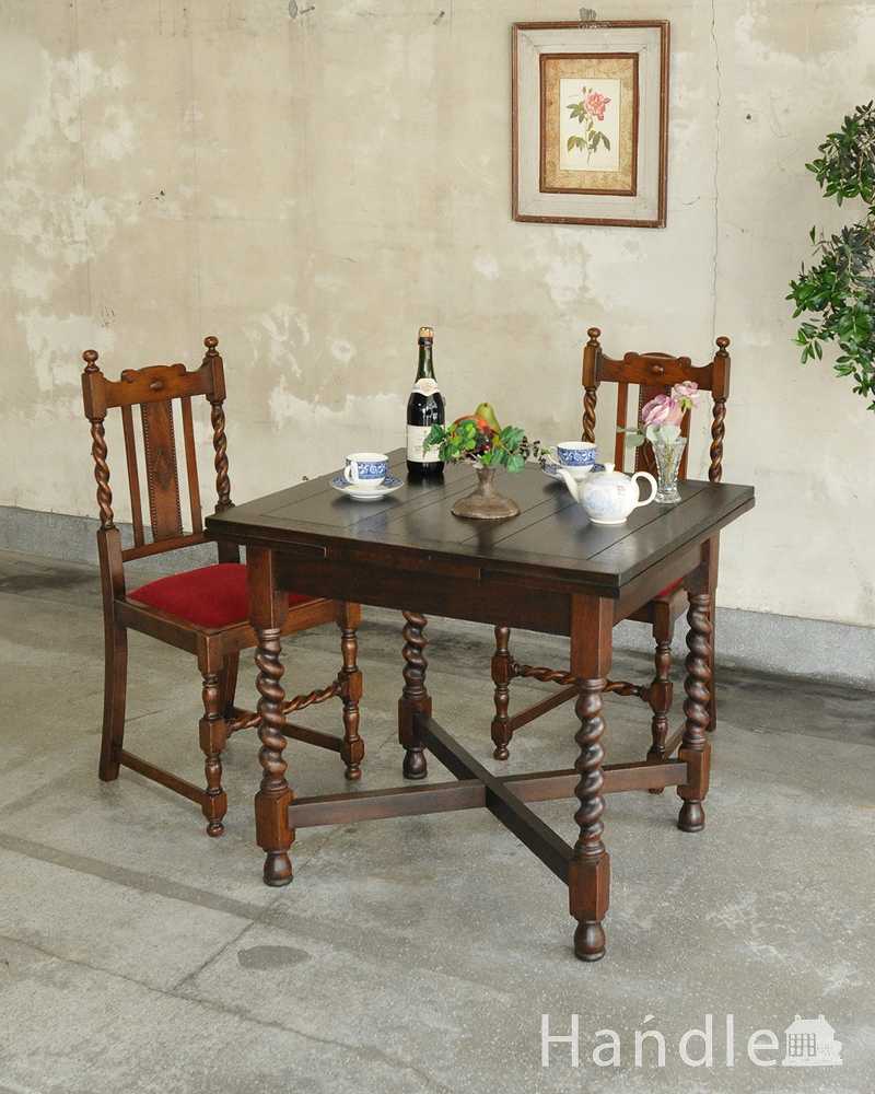 ツイストが美しい英国アンティーク、伸張式の便利なドローリーフテーブル (q-1117-f)