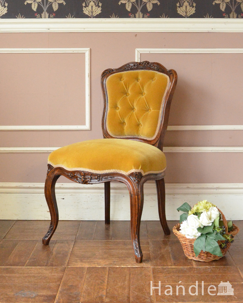 華やかなイエローのサロンチェア、美しいアンティークの椅子 (q-175-c)