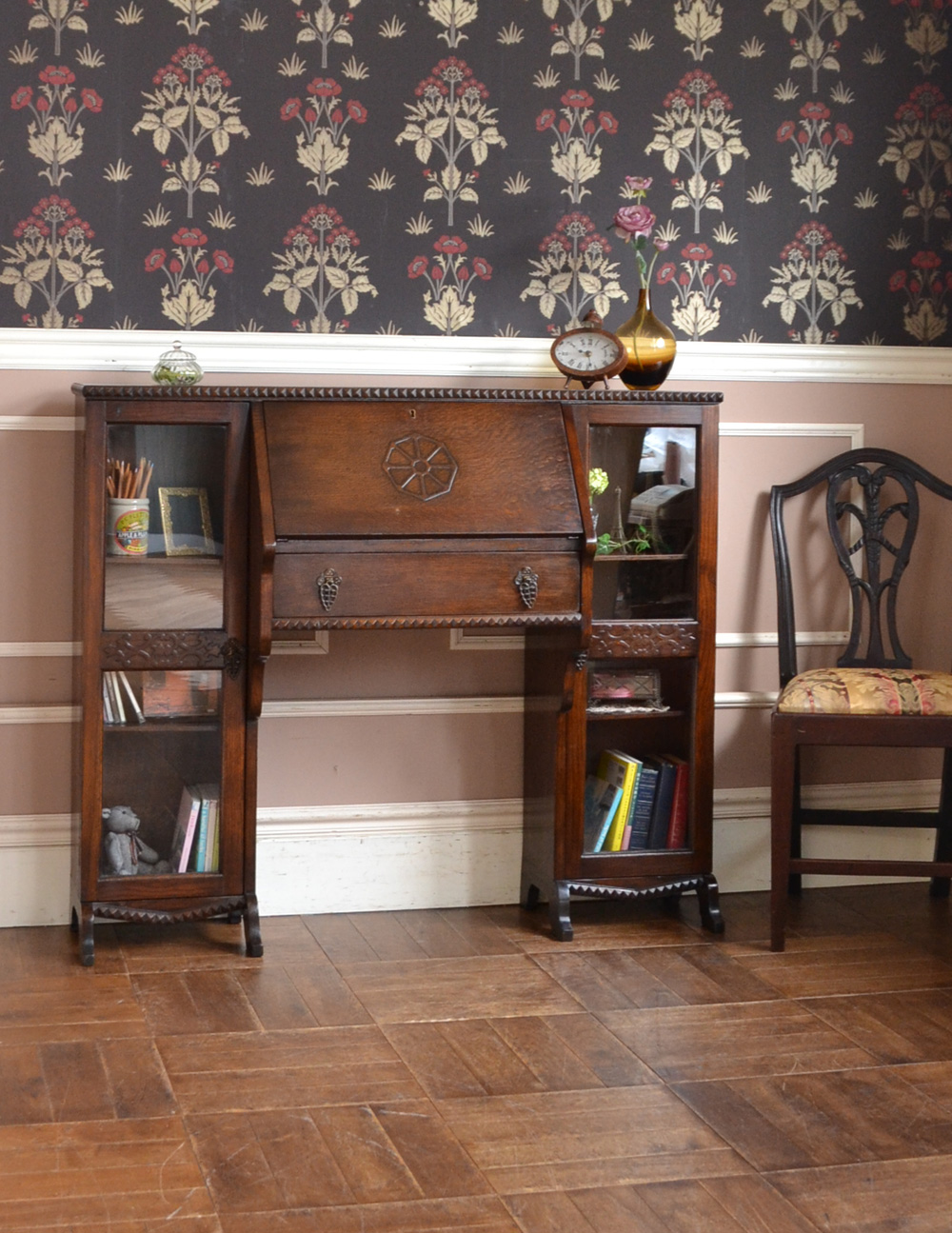 アンティークの英国家具、本棚とビューローが付いたサイドバイサイド (q-659-f)