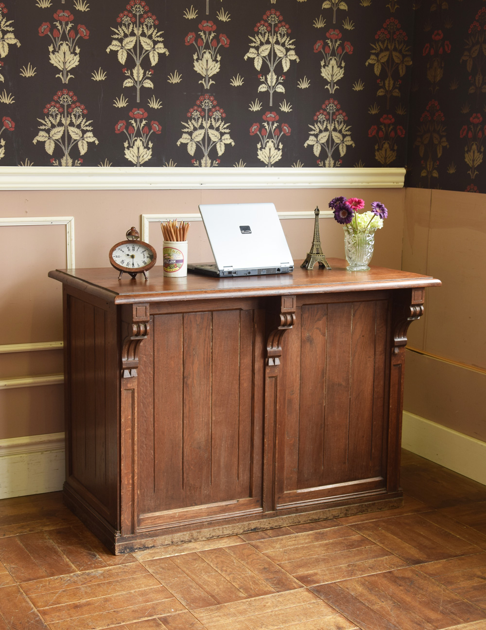 フランスのアンティーク家具、お洒落な木製のショップカウンター（レジ台） (x-653-f)